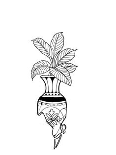 a black and white drawing of a vase with a plant in it's top