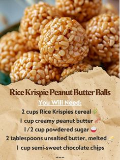 rice krispie peanut butter balls are stacked on top of each other