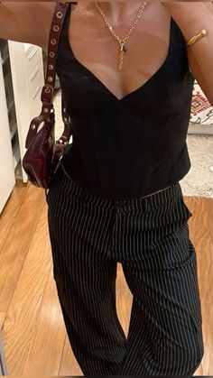 Older 20s Fashion, Classy Going Out Outfits Winter, French Clubbing Outfit, Striped Slacks Outfit, Petite Aesthetic Outfit, Fitted Button Down Shirt Woman, Amsterdam Club Outfits, Kelsey Kreppel Outfits, Speakeasy Aesthetic Outfit