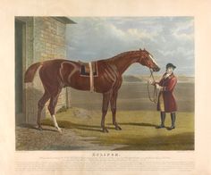 an illustration of a man standing next to a brown horse in front of a brick building