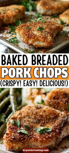 baked pork chops on a plate with green beans