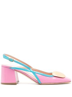 bubblegum pink/cyan blue calf leather gold-tone hardware square toe buckle-fastening ankle strap 60mm block heel Pink Slingback Pumps With Sculpted Low Heel, Pink Low Heel Slingback Pumps With Sculpted Heel, Rupert Sanderson Shoes, Dress Reference, Shoe Shopping, Metallic Shoes, Cyan Blue, Pink Pumps, Shoe Inspo