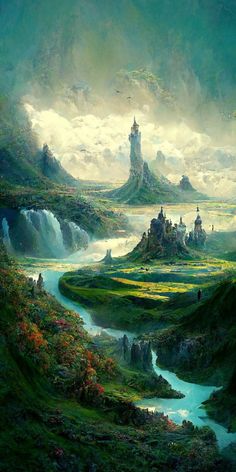 a painting of a castle in the middle of a valley with water flowing through it