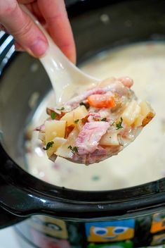 a person holding a spoon full of soup in a crock pot with diced potatoes and ham