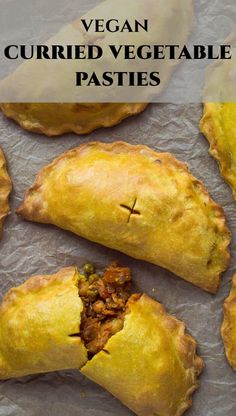 vegan curried vegetable pasties with text overlay