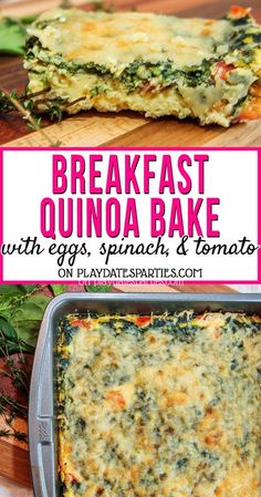 breakfast quiche bake with eggs, spinach and tomatoes on a cutting board