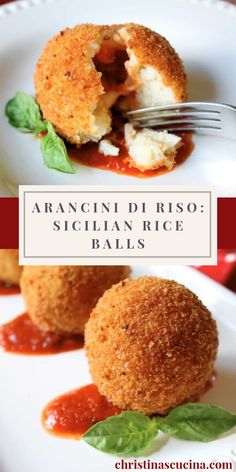 two pieces of food on a white plate with a fork in it and the words aragini di riso sicilian rice balls