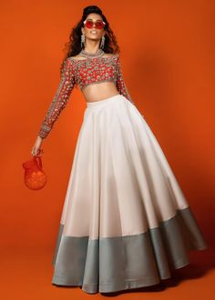 Silk White Skirt, Blouse Organza, Hussain Rehar, Full Sleeve Blouse, Indian Outfits Lehenga, Luxury Pret, Wedding Lehenga Designs, Raw Silk Fabric, Organza Blouse