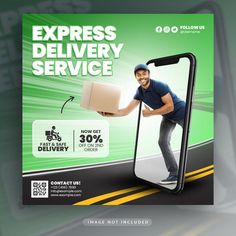 an advertisement for express delivery service with a man holding a cardboard box on his hand