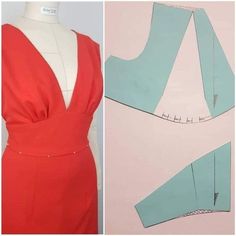 the back of a woman's red dress next to a sewing pattern on a mannequin