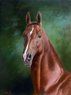 a painting of a brown horse with white markings