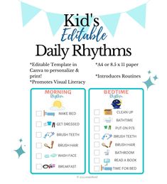 the printable worksheet for kids's activities to teach daily rhythss