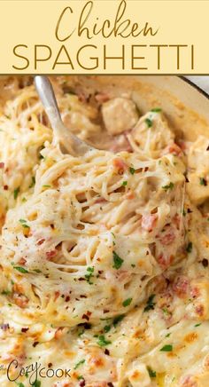 chicken spaghetti in a white bowl with a spoon and text overlay that says chicken spaghetti