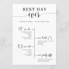 the best day ever wedding program is displayed on a white marble background with black ink