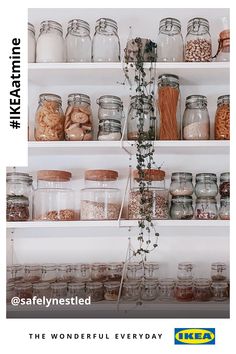 a shelf filled with lots of different types of jars and containers on it's sides