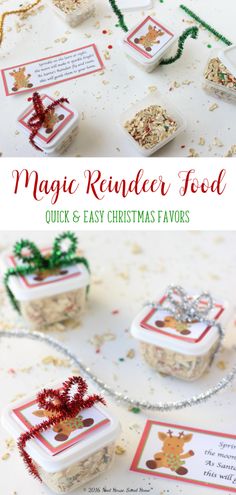 an image of christmas treats with the words magic reindeer food on them and other items