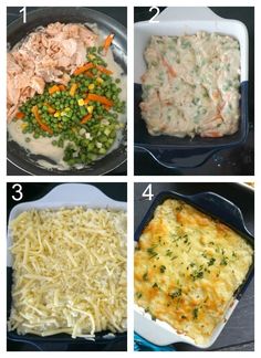 four pictures showing how to make an enchilada casserole with chicken