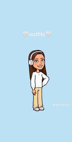 an animated girl with headphones on her ears and the words outfits above her