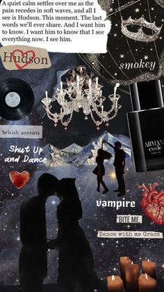 a collage of different images with words and pictures on them, including an image of two people kissing each other