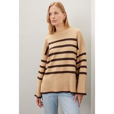 Tan stripe knit (51% Viscose, 29% Polyester, 20% Polyamide). Sweater. Long sleeves. Crewneck. Pull on. Imported. Chic Striped Crew Neck Sweater, Striped Knit Sweater For Work, Knit Long Sleeve Tops With Striped Hem, Striped Sweater For Workwear In Fall, Striped Sweater For Work In Fall, Winter Knit Tops With Striped Hem, Knit Tops With Striped Hem For Winter, Winter Knit Top With Striped Hem, Striped Long Sleeve Knit Top For Fall