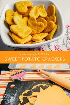 sweet potato crackers in a white bowl on top of a table next to a cutting board