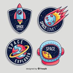 four space badges with rockets and planets