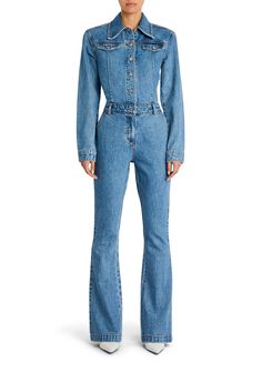 Long sleeve cotton denim jumpsuit with button front closure and a slim flared leg. 100% Cotton Made in China Model is 5'10" wearing size S Summer Neutrals, Knit Outerwear, Romper And Jacket, Knit Shoes, Summer Capsule Wardrobe, Summer Knitting, Knitted Tshirt, Denim Jumpsuit, Knit Tanks