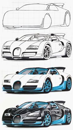 three different views of the bugatti veyron supercar, from top to bottom