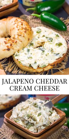 jalapeno cheddar cream cheese with bagels in the background