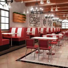 an empty restaurant with red and white booths