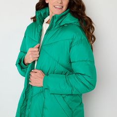 This winter choose the St. John's Bay women's heavyweight puffer jacket for all your outdoor adventures. Featuring an insulated design with a hood, long sleeves, and front slip pockets, this knee-length padded jacket offers exceptional warmth and comfort. Wear it over dresses, denim or activewear.Closure Type: ZipperFit: Regular FitNeckline: Hooded NeckPockets: 2 Front Slip PocketsSleeve Length: Long SleeveWarmth Factor: HeavyweightApparel Length: 41.5 InchesOuterwear Length: LongFiber Content:… Green Long Sleeve Puffer Jacket With Pockets, Green Long-sleeve Puffer Jacket With Pockets, Green Quilted Jacket For Winter, Green Quilted Jacket For Cold Weather With Pockets, Green Quilted Jacket With Pockets For Cold Weather, Green Fall Puffer Jacket With Pockets, Green Puffer Jacket With Pockets For Fall, Green Quilted Jacket For Cold Weather, Green Outerwear With Pockets For Cold Weather