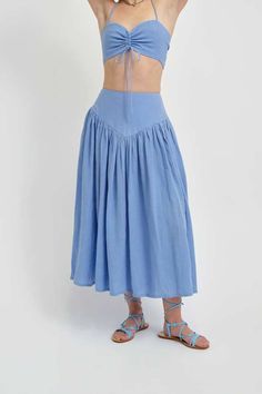 Eliza Faulkner Lucille Linen Skirt - Blue Blue Midi-length Summer Bottoms, Blue Midi-length Bottoms For Summer, Blue Voluminous Maxi Skirt For Summer, Blue Gathered Midi Skirt, Blue Midi Skirt With Gathered Details, Spring Blue Voluminous Skirt, Chic Blue Cotton Maxi Skirt, Blue Midi Skirt For Daywear, Blue Tiered Maxi Skirt With Pockets