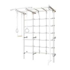 a white wall mounted shower rack with hooks and hoses attached to the side of it