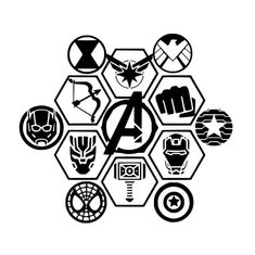 the avengers symbol is shown in black and white, as well as an image of iron man