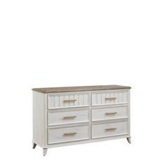 a white dresser with drawers and wooden top