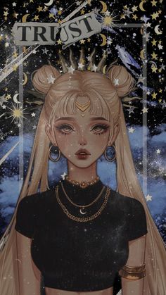 a drawing of a girl with blonde hair and stars in the sky above her head