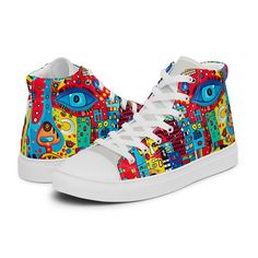 Step into a world where fashion meets art with our men's classic high sneaker! Designed with my artistic flair inspired by modern art, these high sneakers are a bold statement of individuality and style. Crafted from durable polyester and canvas, they're not just built to last but also to impress. What sets them apart is the striking high-quality print of my unique designs, making each pair a work of art that reflects your distinctive fashion sense. All designs can be produced for both men and w High-top Canvas Sneakers With Graphic Print, Artistic Lace-up Custom Sneakers With White Sole, Funky High-top Custom Sneakers For Streetwear, Artistic Low-top Custom Sneakers For Streetwear, Canvas High-top Sneakers With Graphic Print, Custom High-top Sneakers With Graphic Print And White Sole, High-top Sneakers With Graphic Print, Artistic Multicolor Sneakers For Streetwear, Artistic Graphic Print Sneakers For Streetwear