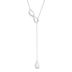 Polish off your casual or dressy looks with this on-trend lariat necklace. Crafted in sterling silver, this elegant choice showcases an 8.0 x 5.0mm pear-shaped lab-created iridescent opal cabochon suspended from a length of chain that threads through a gleaming sculpted infinity symbol. Buffed to a brilliant luster, this 20.0-inch necklace secures with a lobster claw clasp. Dainty Diamond Necklace, Peoples Jewellers, Gold Diamond Necklace, Infinity Symbol, Disc Pendant, Lariat Necklace, Baguette Diamond, Jewelry Trends, Diamond Pendant