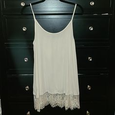 Off White, Spaghetti Straps, Tunic Length, Lace Detail At The Bottom Beige Lace Trim V-neck Camisole, White Tunic Tops, Navy Blue Tank Top, Boho Tank Top, Long Tank, Flowy Blouse, Flowy Tank Tops, Blue Tank Top, Floral Tank Top