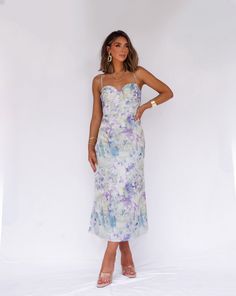 Mystic Floral Dream Dress ACOA Fitted Floral Print Midi Dress For Dress Down, Fitted Floral Print Midi Dress For Casual Wear, Fitted Maxi Dress With Sweetheart Neckline For Spring, Fitted Bodice Maxi Dress For Brunch, Fitted Maxi Dress With Lined Bodice For Date Night, Summer Purple Dress With Lined Bodice, Summer Dresses With Lined Bodice In Purple, Summer Purple Maxi Dress With Fitted Bodice, Purple Maxi Dress With Fitted Bodice For Summer