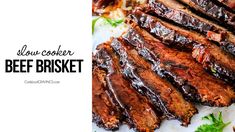 sliced beef brisket on a white plate with garnishes and parsley