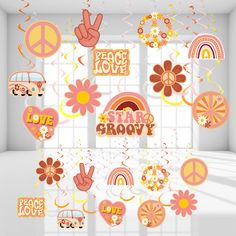 an image of peace love and sunflowers in the room with flowers, hearts, rainbow