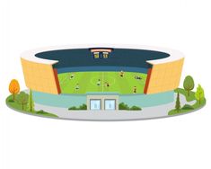 an illustration of a soccer stadium with the goalie's field and trees around it