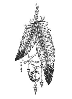 a drawing of a feather with beads and feathers hanging from it's side on a white