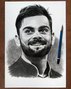 a pencil drawing of a man's face with a beard and mustache next to a colored pencil