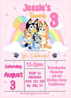 a pink birthday party flyer with three cartoon cats and two kittens on the front