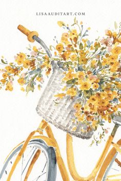 a watercolor painting of a yellow bicycle with flowers in it's front basket