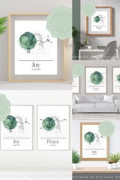 a collage of photos with the words joy and peace in green on white paper