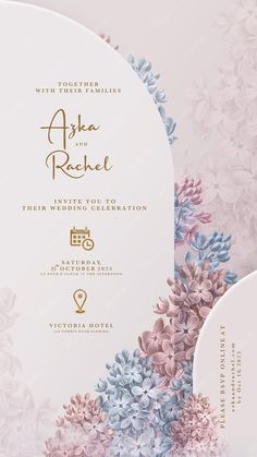 an elegant wedding card with pink and blue flowers