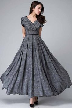 This party dress, Chic and Feminine, is a Must-Have for 2018 . A empire dress design ,with surplice neckline and petal sleeve, especially the Black lace detail make this dress so lovely. The fitted waist and gather pleated long skirt make a great silhouette. Wear this unique long dress for your next evening party. Gray Maxi Dress, Plain Maxi Dress, Pleated Long Skirt, Garden Party Dress, Grey Maxi Dress, Empire Waist Dress, Empire Dress, Linen Dress, Gray Dress